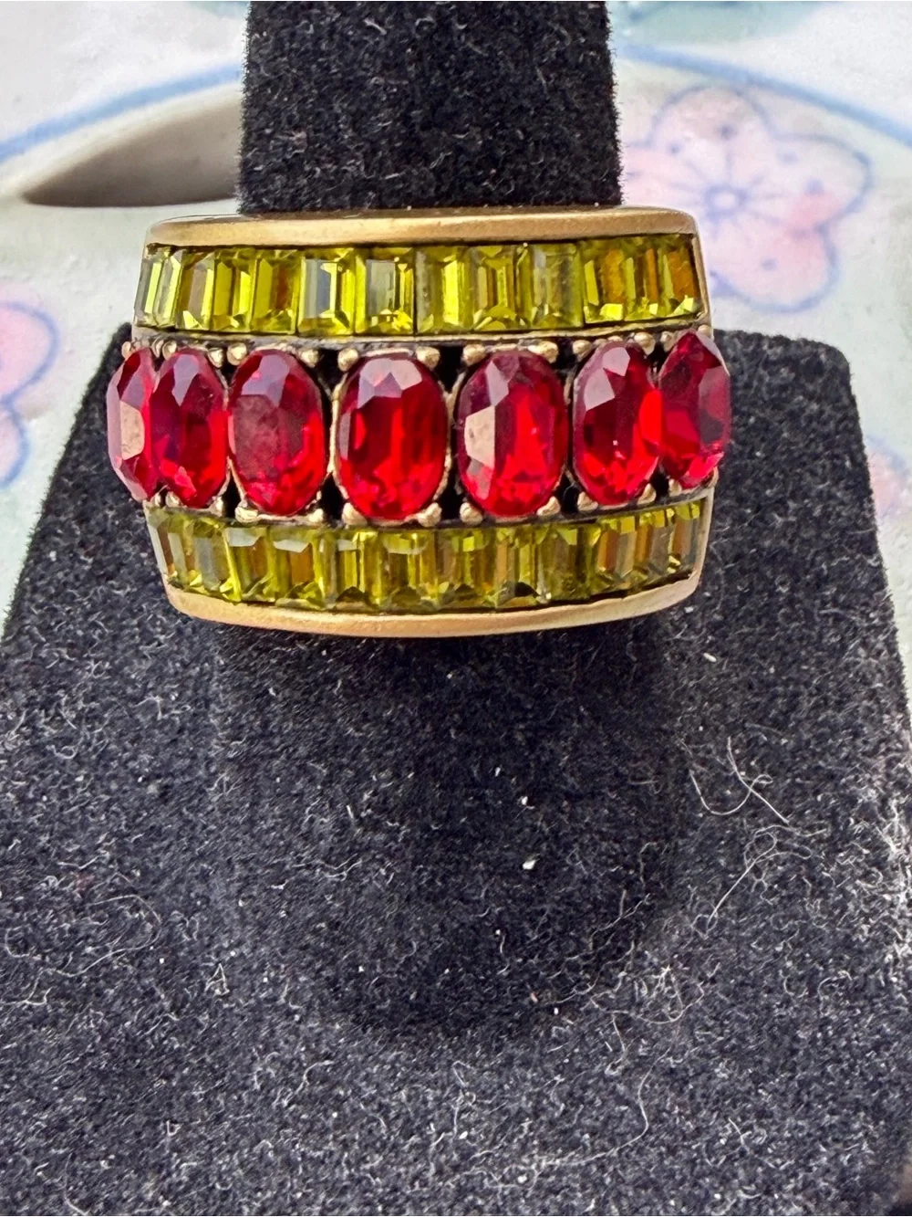 Heidi Daus Red and Olive Green Crystal Statement Ring *Size 9.75 & 7 available